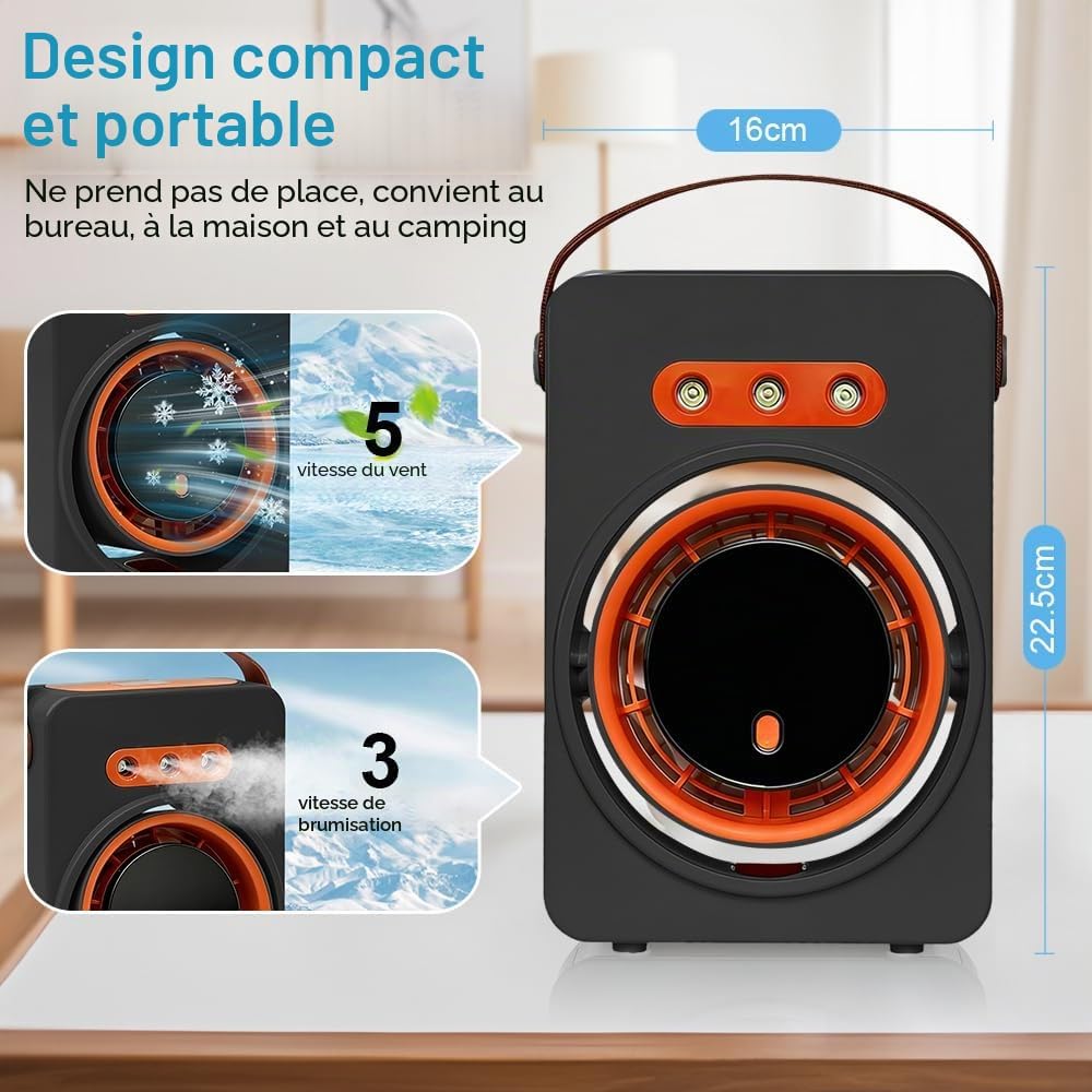  Ventilateur Climatiseur Silencieux Portable,Ventilateur Brumisateur Avec 5 Vitesses Et Minuterie, Ventilateur Bureau Rechargeable Usb Pour Maison,Voiture,Camping