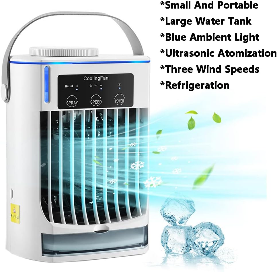  Mini Climatiseur Par évaporation De 500 Ml Avec Lumière Ambiante Bleue, 5 V 7 W, Climatiseur Portable à 3 Vitesses, Refroidisseur D'air Personnel Avec Humidificateur Pour Chambre, Bureau