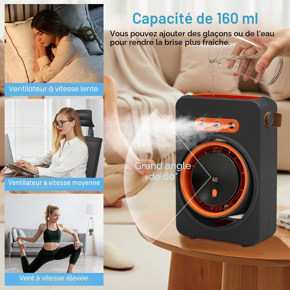  Ventilateur Climatiseur Silencieux Portable,Ventilateur Brumisateur Avec 5 Vitesses Et Minuterie, Ventilateur Bureau Rechargeable Usb Pour Maison,Voiture,Camping