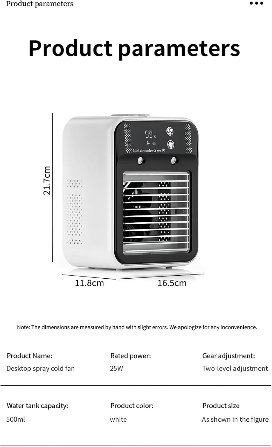  Climatiseur Portable, Climatiseur Portable Silencieux 4 En 1, Capacité De 500 Ml, Deux Vitesses De Ventilation, Deux Modes De Pulvérisation, Mini Climatiseur, Convient Aux Bureaux Touches Tactiles