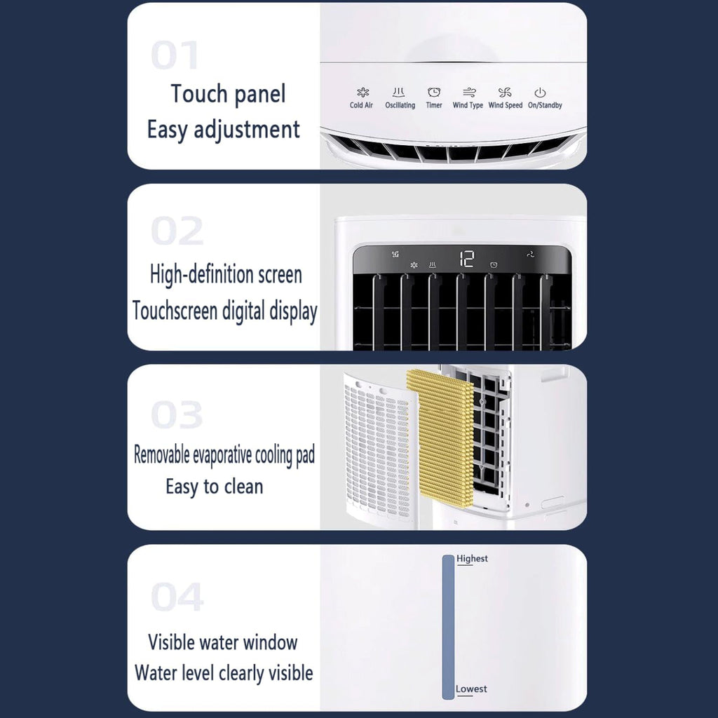 GENERIC Refroidisseur D'air évaporatif Portable Avec Réservoir D'eau 12L Et 2 Packs De Glace 60W Efficace énergétique 3 Vitesses 90° Oscillation 35dB Unité De Refroidissement De Ventilateur D'économie D'espac