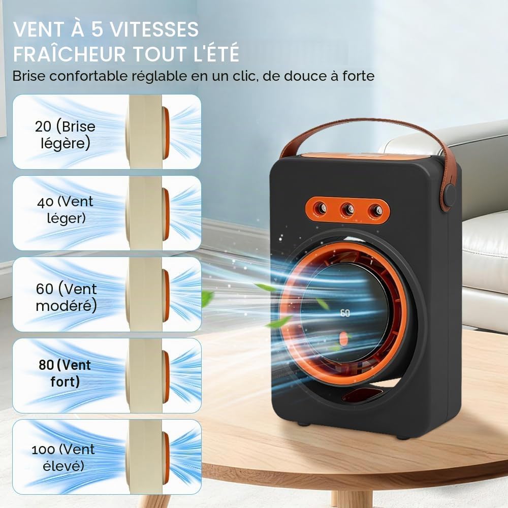  Ventilateur Climatiseur Silencieux Portable,Ventilateur Brumisateur Avec 5 Vitesses Et Minuterie, Ventilateur Bureau Rechargeable Usb Pour Maison,Voiture,Camping