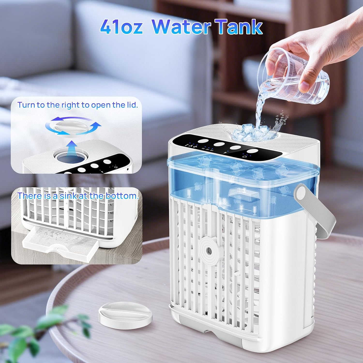  Climatiseur Portable, Réservoir D'eau De 1 134 G, 3 Vitesses Du Vent Et 3 Brume Froide, Minuterie De 1 à 3 Heures Et 7 Lumières LED, Petit Climatiseur Personnel Portable Pour Chambre/bureau