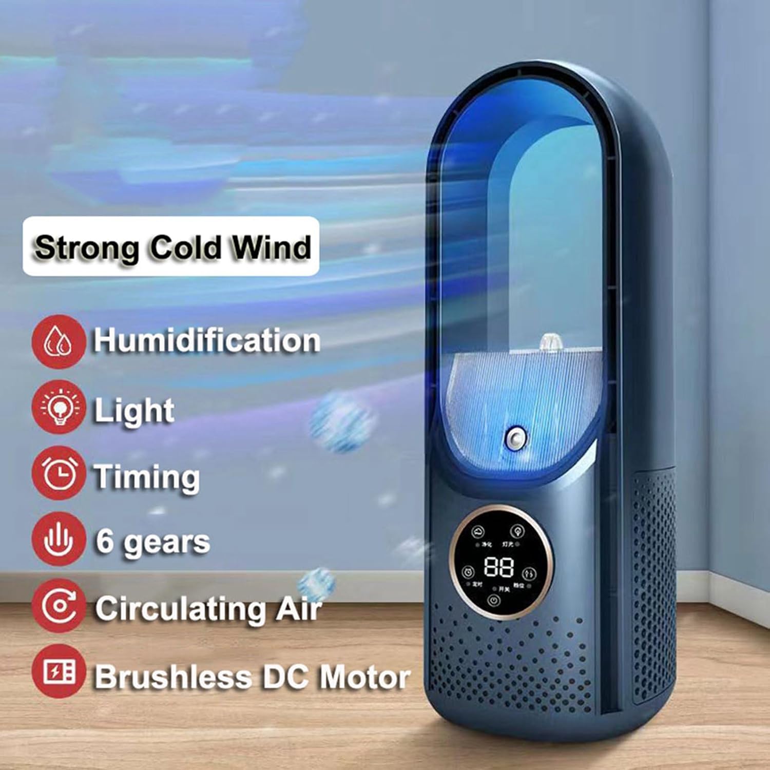  2X Refroidisseur D'air LED Affichage Climatisation Humidification Ventilateur ÉLectrique 6 Vitesses Minuterie Silencieuse Ventilateur Humidificateur Ventilateur Bleu
