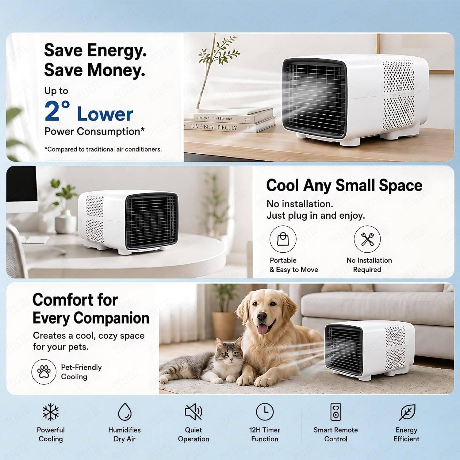  Climatiseur Mobile 2700 BTU, 280 W Basse Consommation | Vrai Compresseur Sans Eau Ni Glace, Refroidissement Rapide, Bruit 45 DB Et Format Compact Pour Dortoir, Bureau Et Caravane