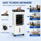  Climatiseur Portable 15L Avec Ventilateur Et Rafraîchisseur D'air Par évaporation, Grand Réservoir D'eau, 3 Vitesses Et Roulettes Universelles Pour Chambre, Salon Et Bureau RemoteControl