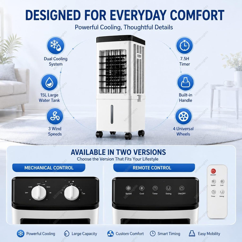  Climatiseur Portable 15L Avec Ventilateur Et Rafraîchisseur D'air Par évaporation, Grand Réservoir D'eau, 3 Vitesses Et Roulettes Universelles Pour Chambre, Salon Et Bureau RemoteControl