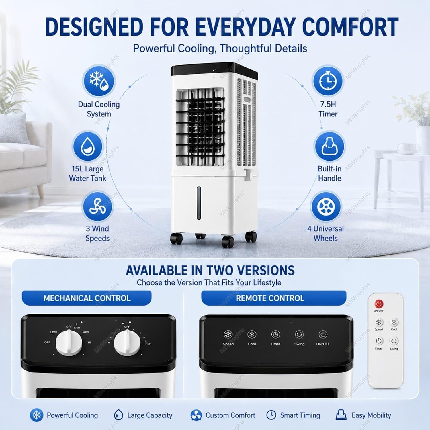 Climatiseur Portable 15L Avec Ventilateur Et Rafraîchisseur D'air Par évaporation, Grand Réservoir D'eau, 3 Vitesses Et Roulettes Universelles Pour Chambre, Salon Et Bureau RemoteControl