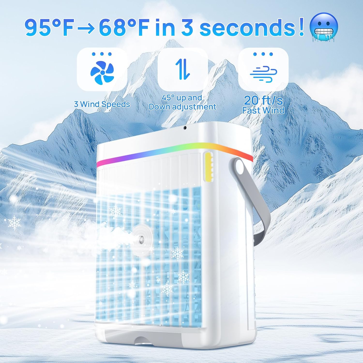  Climatiseur Portable, Réservoir D'eau De 1 134 G, 3 Vitesses Du Vent Et 3 Brume Froide, Minuterie De 1 à 3 Heures Et 7 Lumières LED, Petit Climatiseur Personnel Portable Pour Chambre/bureau