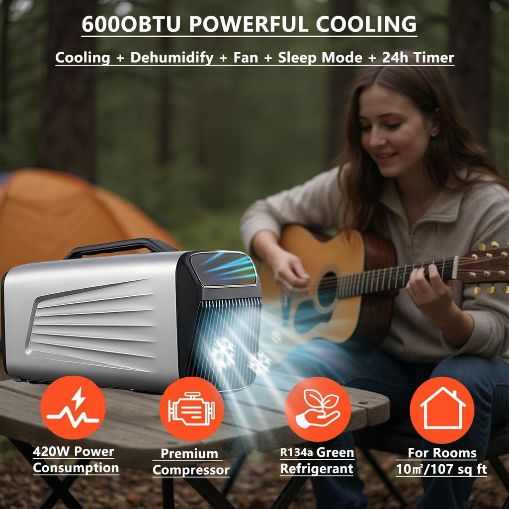  6000 BTU Portable AC Pour Camping RV Tente, 4-en-1 Refroidisseur Ventilateur De Déshumidificateur Avec Télécommande, Ultra Silencieux Faible Puissance, Unité Légère Pour L'extérieur à La Maison