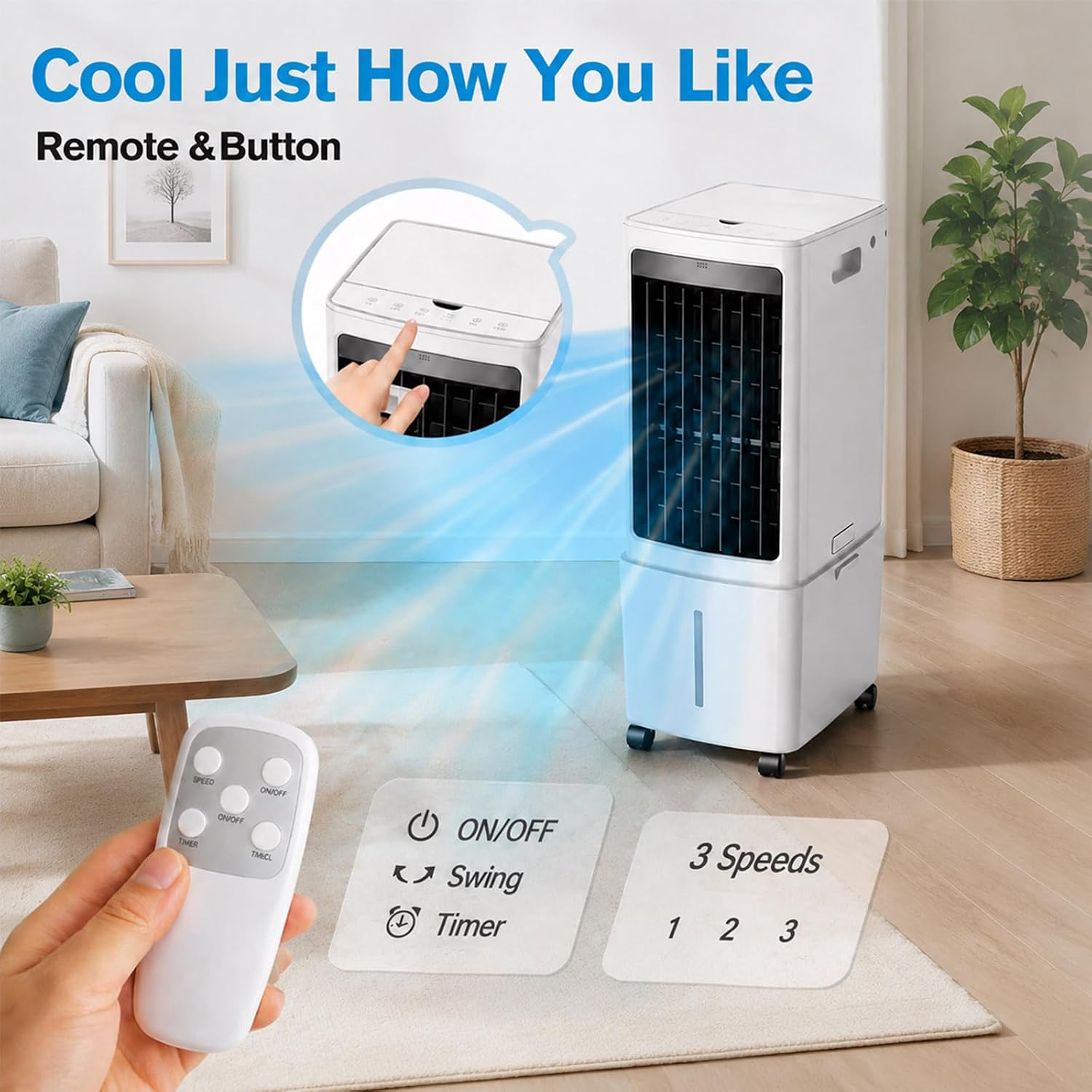  Refroidisseur D'air Par évaporation, Ventilateur De Refroidissement Avec Réservoir D'eau Amovible De 12 L Et Minuterie De 7,5 H, Unité De Climatisation Avec Télécommande Adaptée Au Salon, Au Garage,