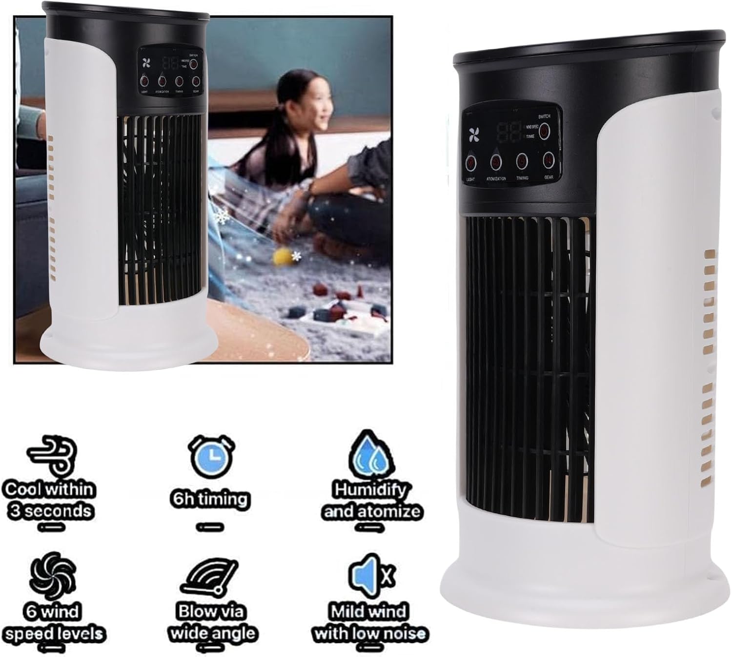  Srliya Climatiseur Portable 3 En 1 Avec 6 Vitesses, Réservoir D'eau De 300 Ml, Alimentation USB, Humidificateur Et Purificateur D'air Par évaporation, Filtre Intégré, Idéal Pour L