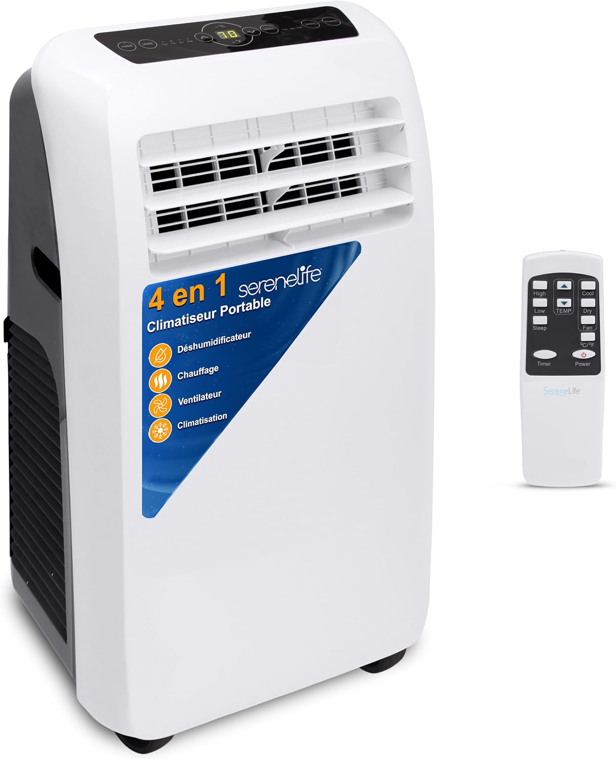  SereneLife Climatiseur Mobile Silencieux,9000 BTU,Climatiseur Portable 3-en-1 Avec Fonction Déshumidificateur Intégré,Mode Ventilateur,Télécommande,Kit D'Évacuation Complet Montable Sur Fenêtre,Blanc