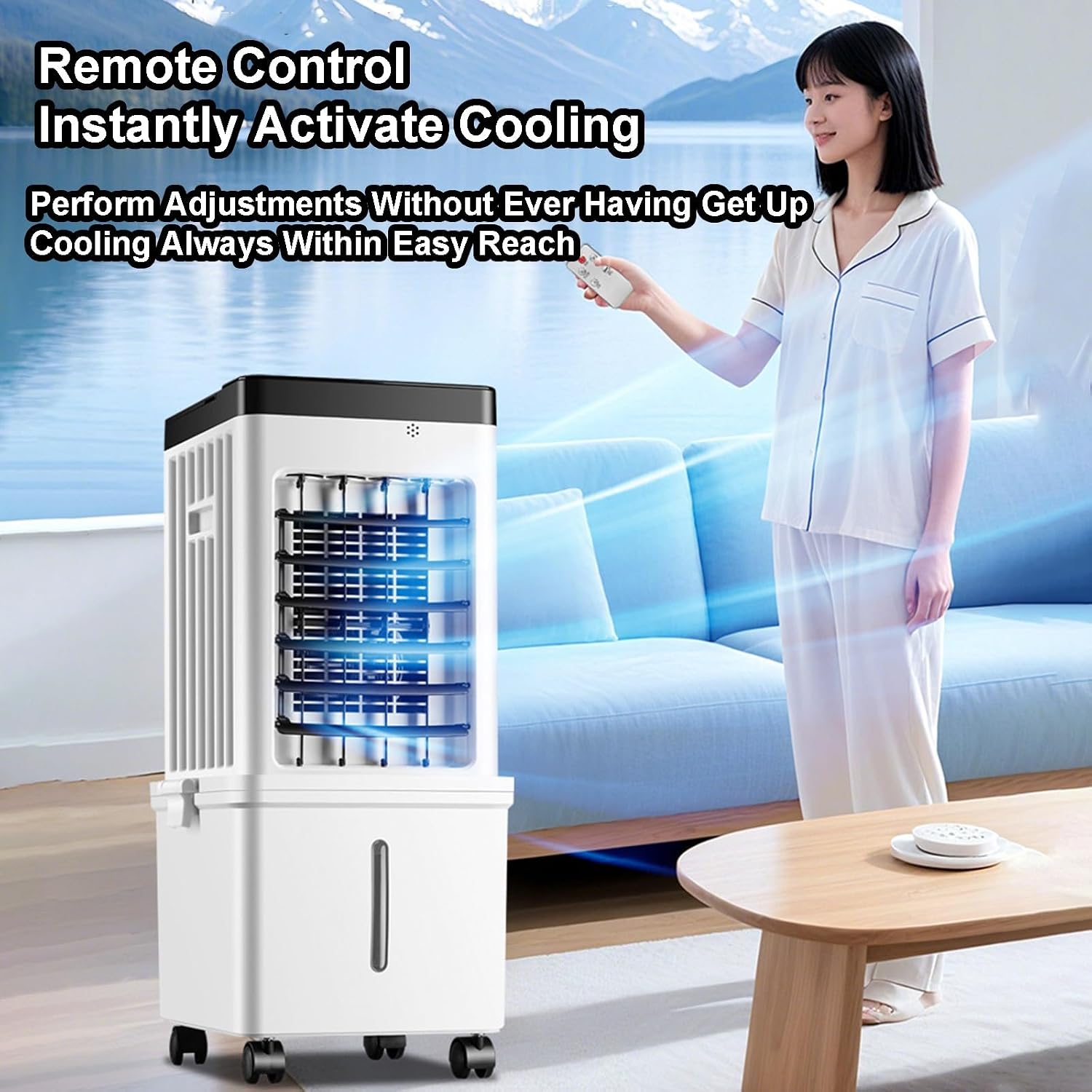  Refroidisseur D'air Par évaporation Avec Grand Réservoir De 15 L, Oscillation à 80 °, Minuterie 24 Heures, Télécommande, Débit D'air élevé, Faible Bruit, Fonction Brume Et Humidificateur