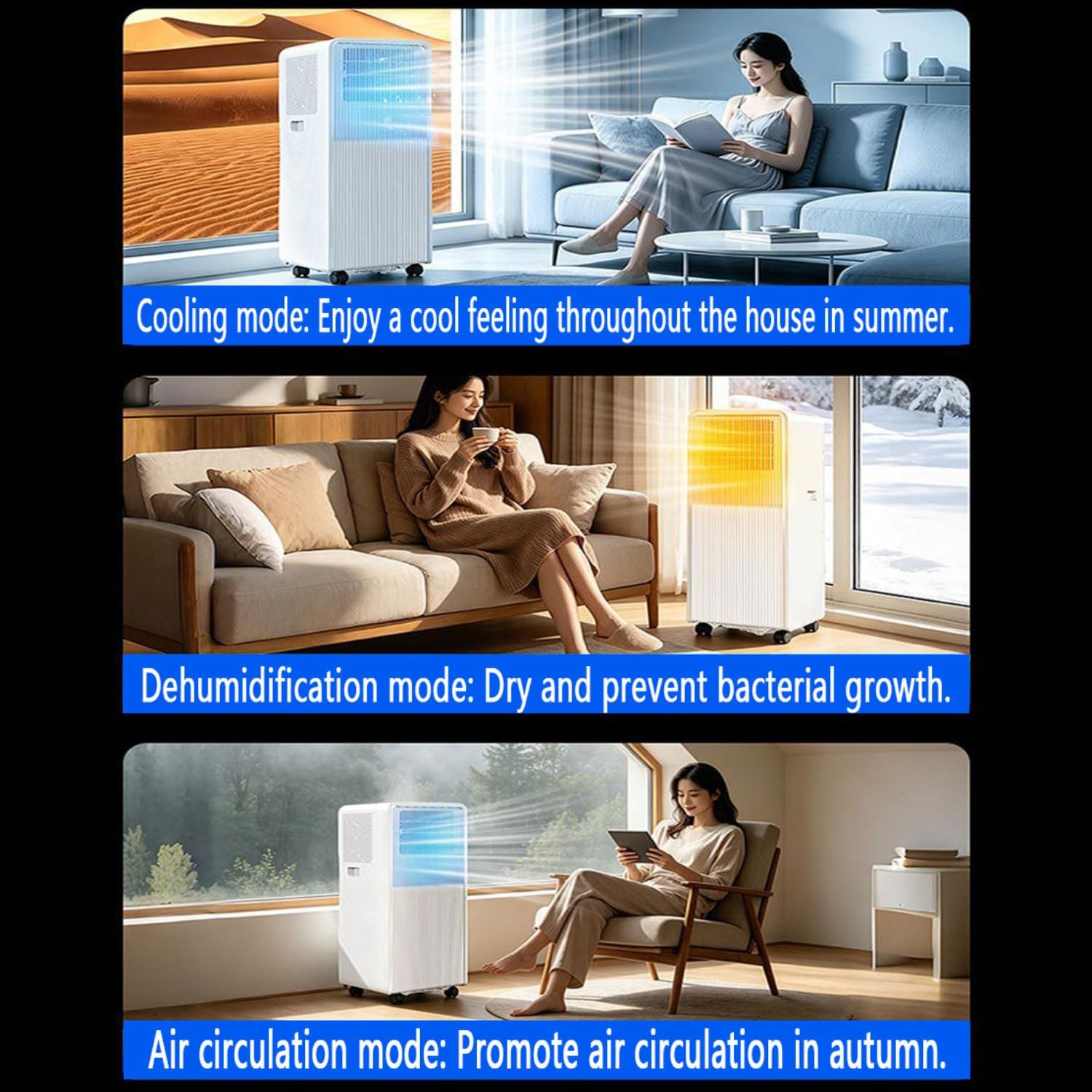  Unité De Climatisation Portable Intelligente, 8000 BTU Refroidissement Silencieux Et Déshumidificateur Pour Les Chambres De 300 Pieds Carrés, Télécommande Avec Minuterie 24h, Roues à Mouvement Facile,