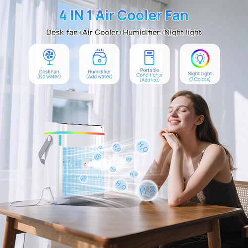  Climatiseur Portable, Réservoir D'eau De 1 134 G, 3 Vitesses Du Vent Et 3 Brume Froide, Minuterie De 1 à 3 Heures Et 7 Lumières LED, Petit Climatiseur Personnel Portable Pour Chambre/bureau