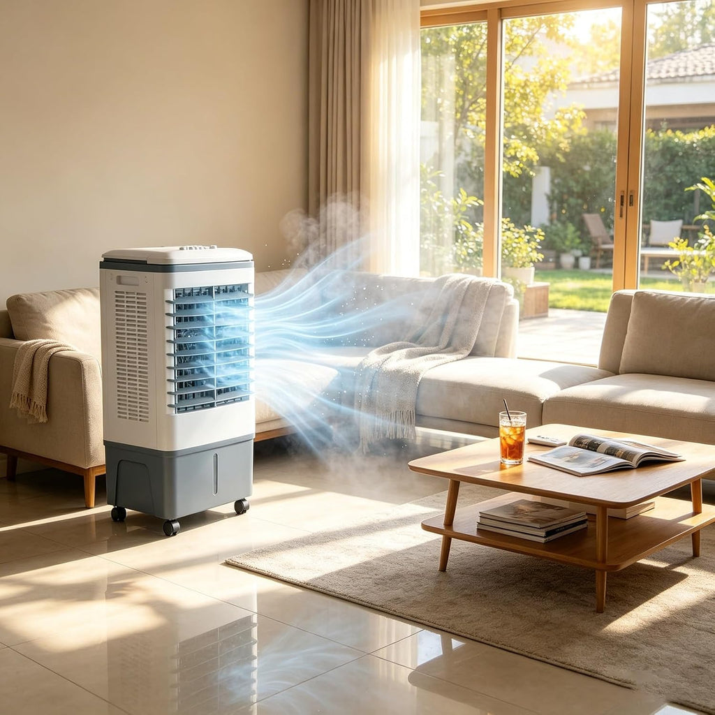 GENERIC Ventilateur Refroidisseur D'air Portable 3 En 1, Réservoir 20 L, Oscillation 120°, 4 Roues, 3 Réglages De Vitesse, Rideau D'eau, Sans Tuyau, 80 W, Comprend 2 Blocs De Glace, For Atelier