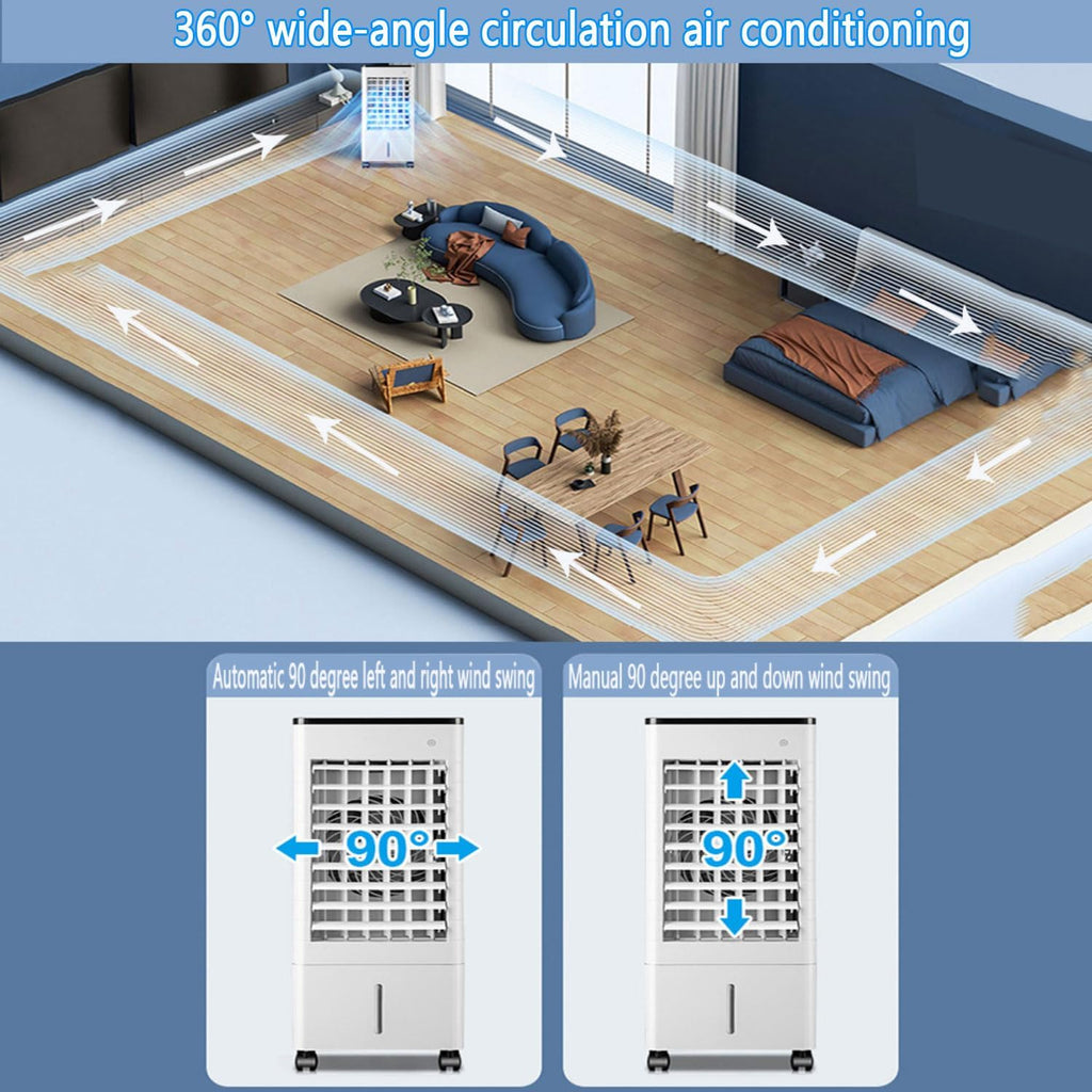 GENERIC Refroidisseur D'air Par évaporation, Climatiseur Portable à Oscillation à 90° Avec 3 Vitesses, 3 Modes, Minuterie 15 H, Réservoir D'eau 9 L, Télécommande, Ventilateur De Refroidissement Port