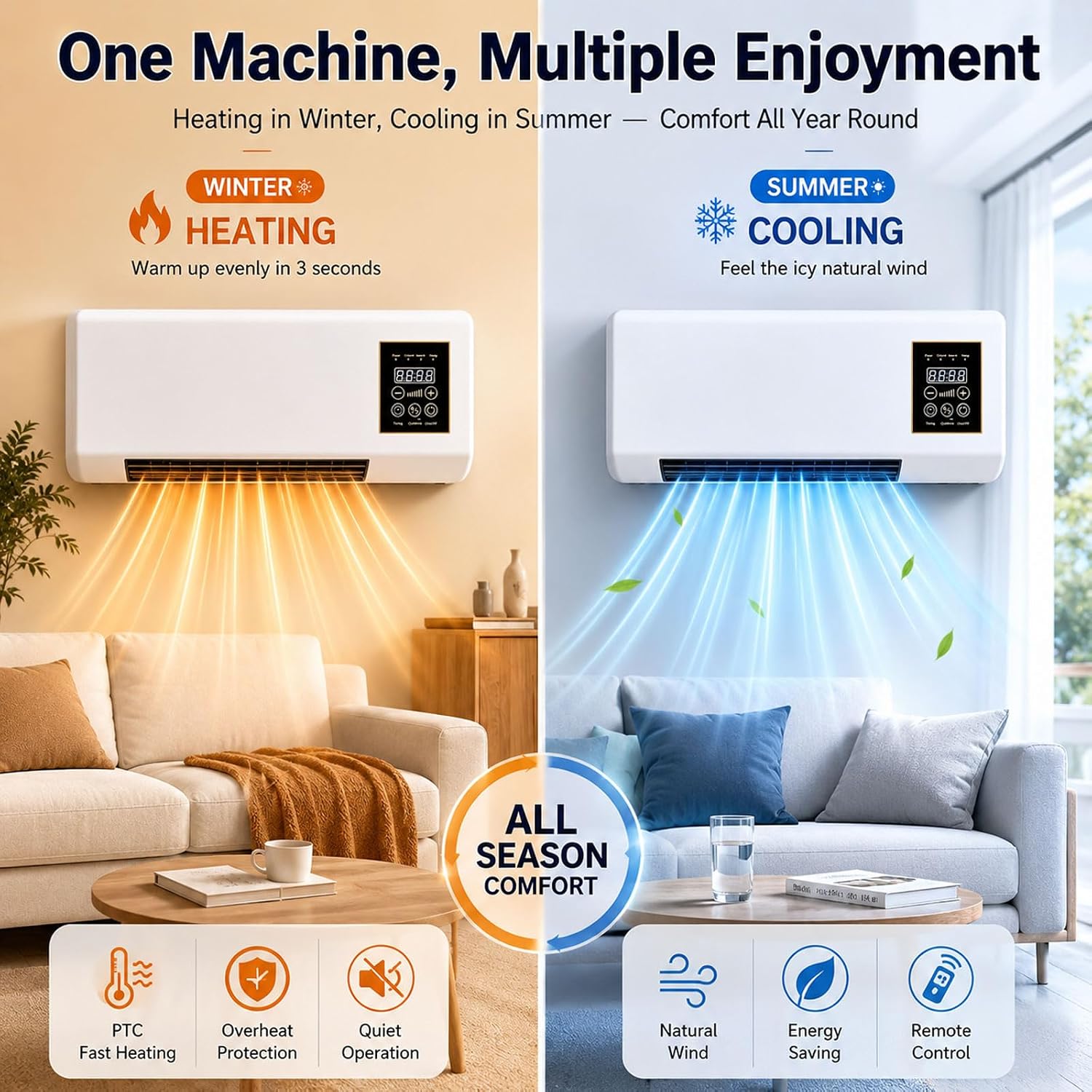  Climatiseur Mural Mobile Sans Évacuation Avec Télécommande | Classe Énergétique A, Réversible Split, Pour Cuisine Et Chambre, Ventilateur Intégré, Climatiseur Portable