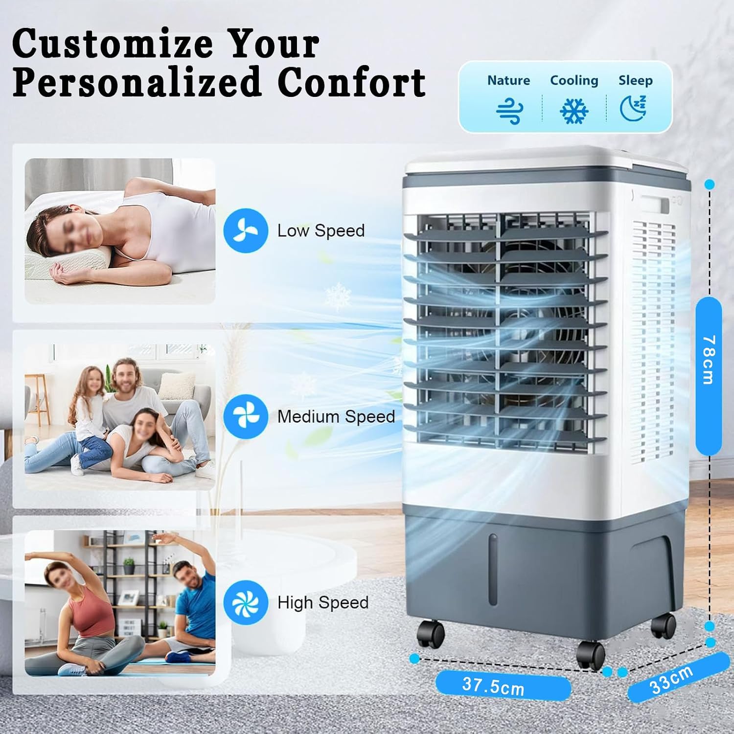GENERIC Refroidisseur D'air Portable à évaporation De 2100 CFM, Avec Télécommande, Réservoir D'eau De 37 Litres, 3 Vitesses, 2 Blocs De Glace, Minuterie De 7,5 H, Oscillation Pour Intérieur Et Extérieur