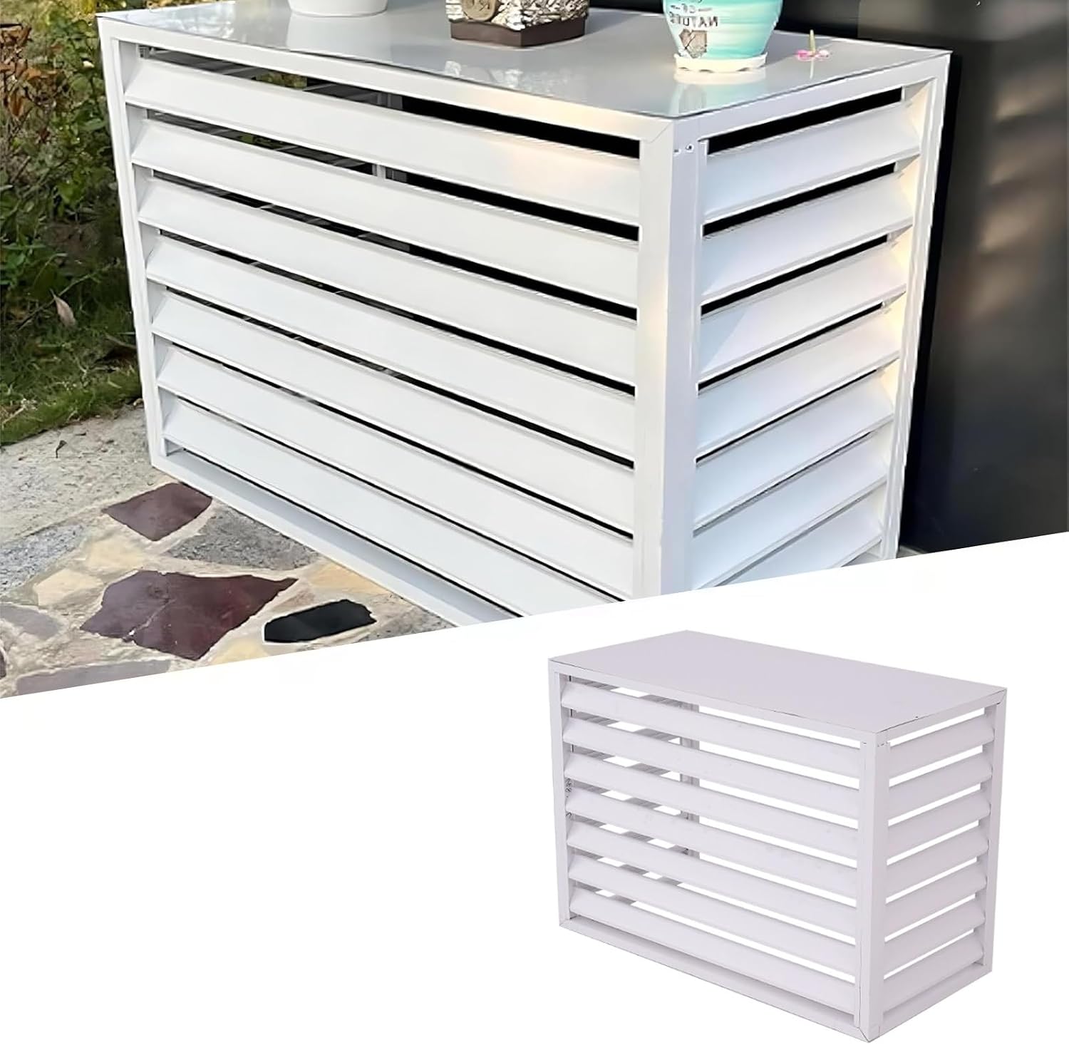 GENERIC Housse En Aluminium à 4 Panneaux Fendue Pour Climatiseur - Pompe à Chaleur Et Poubelle D'extérieur - Clôture Blanche Résistante Aux Intempéries (110 X 60 X 80 Cm)
