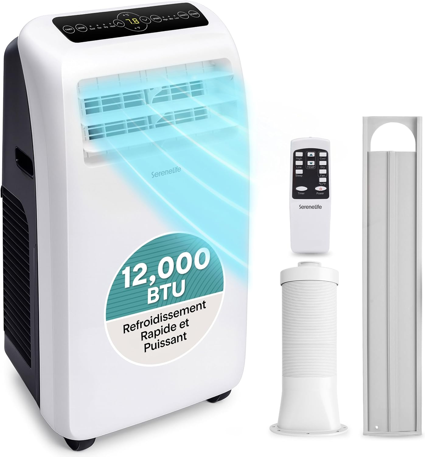  SereneLife Climatiseur Mobile Silencieux,9000 BTU,Climatiseur Portable 3-en-1 Avec Fonction Déshumidificateur Intégré,Mode Ventilateur,Télécommande,Kit D'Évacuation Complet Montable Sur Fenêtre,Blanc