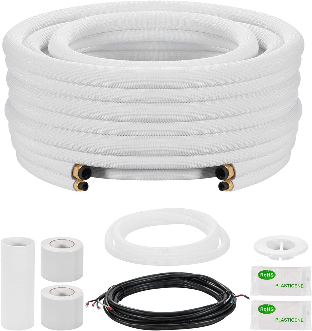  VEVOR Kit Liaison Frigorifique Tuyau En Cuivre Mini-split 9,5 Mm 15,9 Mm Diamètre Extérieur, 15,2 M Longueur, Bobine Isolée PE Blanc Épais 9,5 Mm Avec Écrous, Raccords, Pour Mini Climatiseurs Split