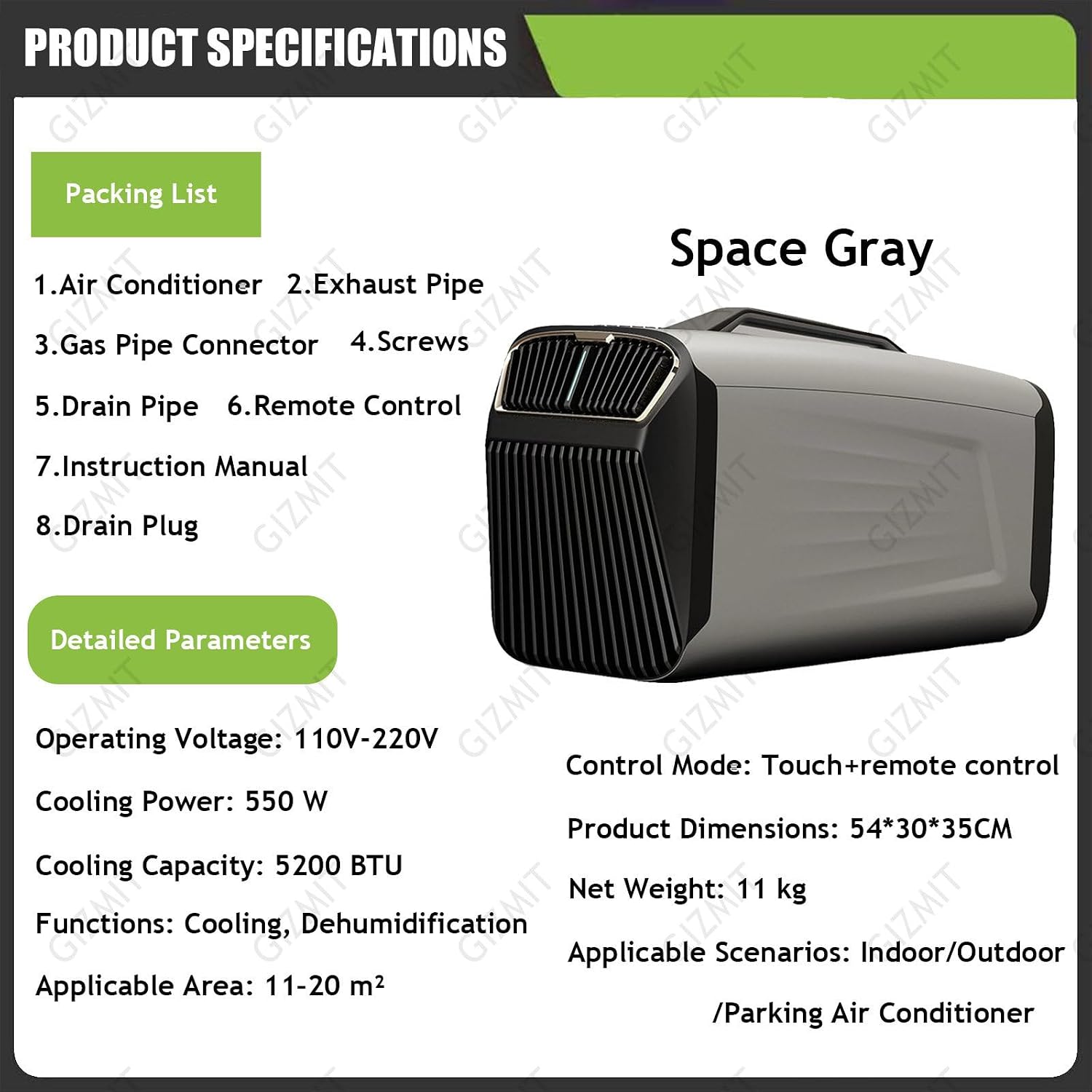  Climatiseur Portable 2 En 1 Pour Camping-Car, 5200 BTU, 400 W, Silencieux, Avec Compresseur, Faible Consommation D'énergie, Idéal Pour Tentes Et Camping-Cars. Fonction Déshumidification Gray