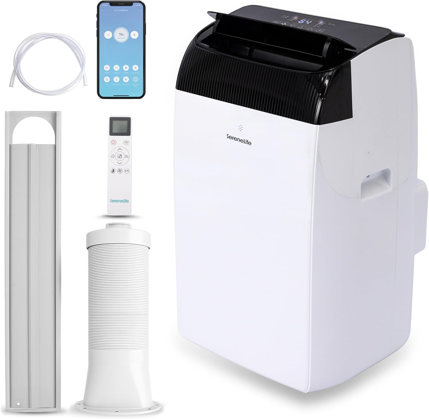  SereneLife Climatiseur Mobile Silencieux,9000 BTU,Climatiseur Portable 3-en-1 Avec Fonction Déshumidificateur Intégré,Mode Ventilateur,Télécommande,Kit D'Évacuation Complet Montable Sur Fenêtre,Blanc