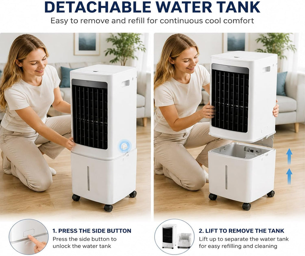  Refroidisseur D'air Par évaporation, Ventilateur De Refroidissement Avec Réservoir D'eau Amovible De 12 L Et Minuterie De 7,5 H, Unité De Climatisation Avec Télécommande Adaptée Au Salon, Au Garage,