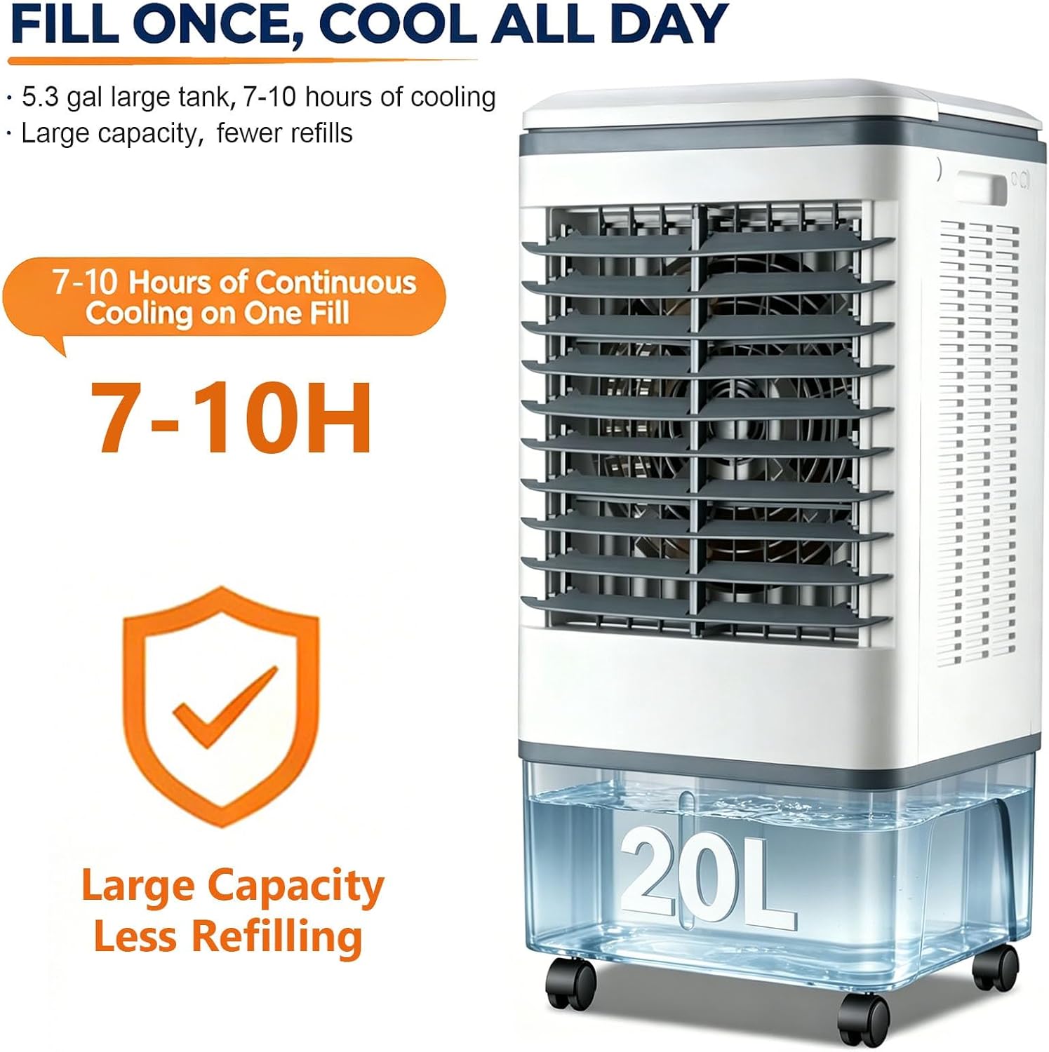 GENERIC Refroidisseur D'air Et Ventilateur Portables, Roulettes Roulantes à 360°, Oscillation à 120°, Réservoir De 20 L, 3 Vitesses, Refroidissement De 1177 CFM, Idéal For Appartement Et Bureau