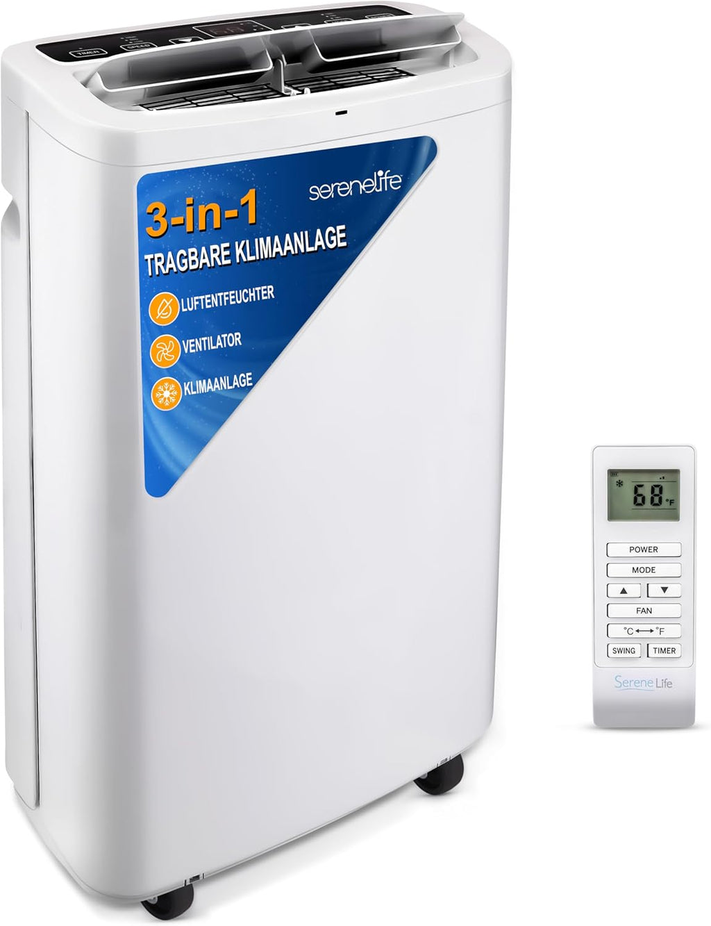  SereneLife Climatiseur Mobile Silencieux,9000 BTU,Climatiseur Portable 3-en-1 Avec Fonction Déshumidificateur Intégré,Mode Ventilateur,Télécommande,Kit D'Évacuation Complet Montable Sur Fenêtre,Blanc