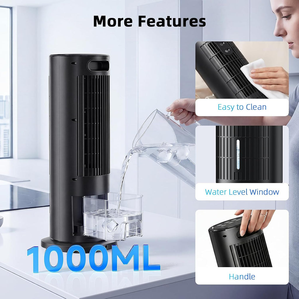  Climatiseur Mobile Sans Évacuation (<30 DB), Moteur CC Amélioré 2026, Ventilation Puissante 7,5 M/s, Minuteur 10H, Oscillation 90° Et 4 Vitesses, Climatiseur Portable Avec Télécommande, Noir Dépoli