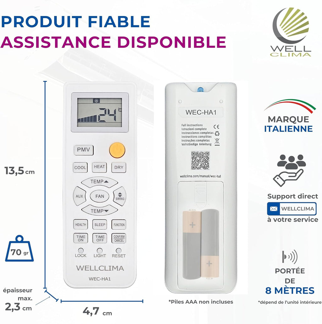  Wellclima WEC-HA1 Télécommande Pour Climatiseur Pour Haier, Pour HEC, Pour Candy, Plus Complète Que Les Universelles, Prête à L’Emploi Avec Fonctions Spéciales, Pour Inverter Et Pompe à Chaleur