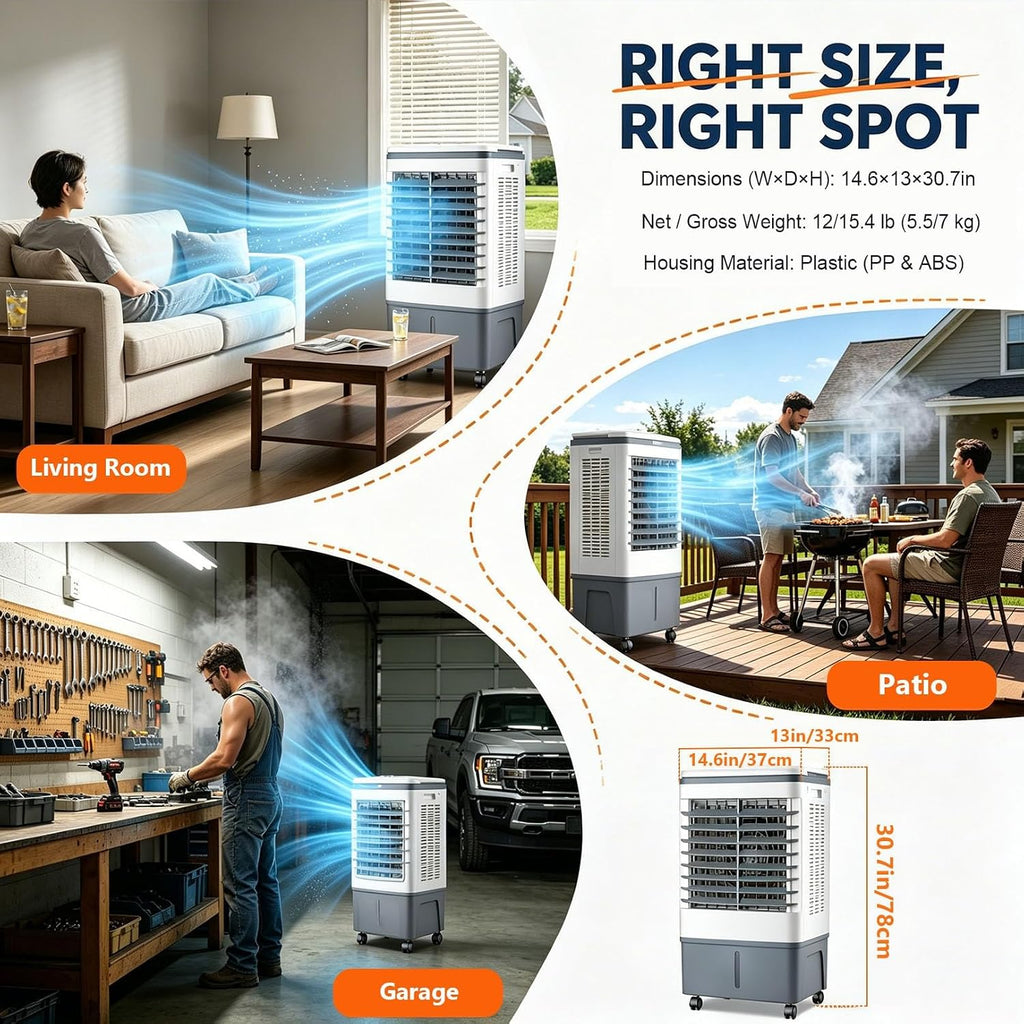 GENERIC Ventilateur Refroidisseur D'air Portable 3 En 1, Réservoir 20 L, Oscillation 120°, 4 Roues, 3 Réglages De Vitesse, Rideau D'eau, Sans Tuyau, 80 W, Comprend 2 Blocs De Glace, For Atelier