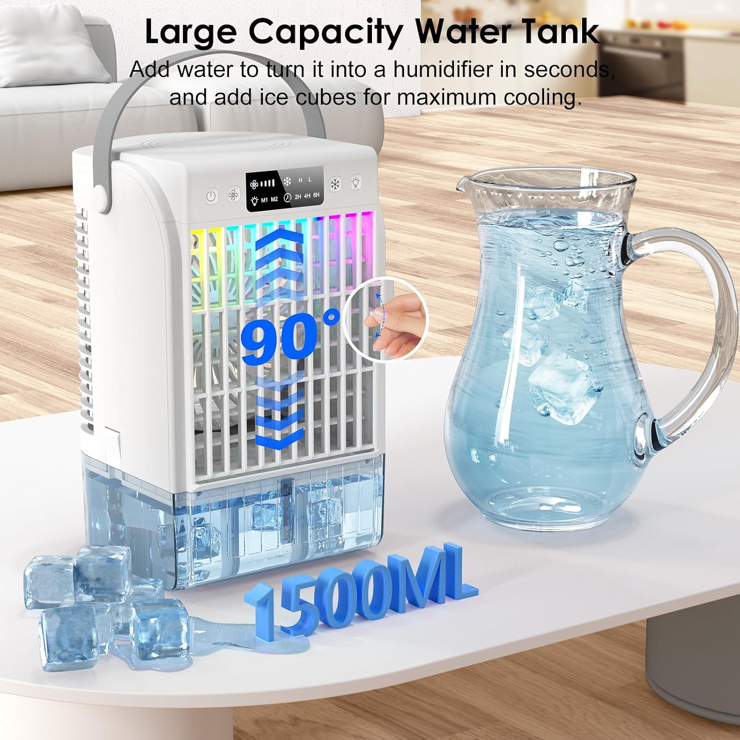  Climatiseur Portable, Refroidisseur D'air Portable De 1500 Ml, 4 Vitesses De Vent Et 2 Modes De Pulvérisation, Ventilateur De Refroidissement Personnel Avec Minuterie De 2 à 6 Heures Et Veilleuse 7