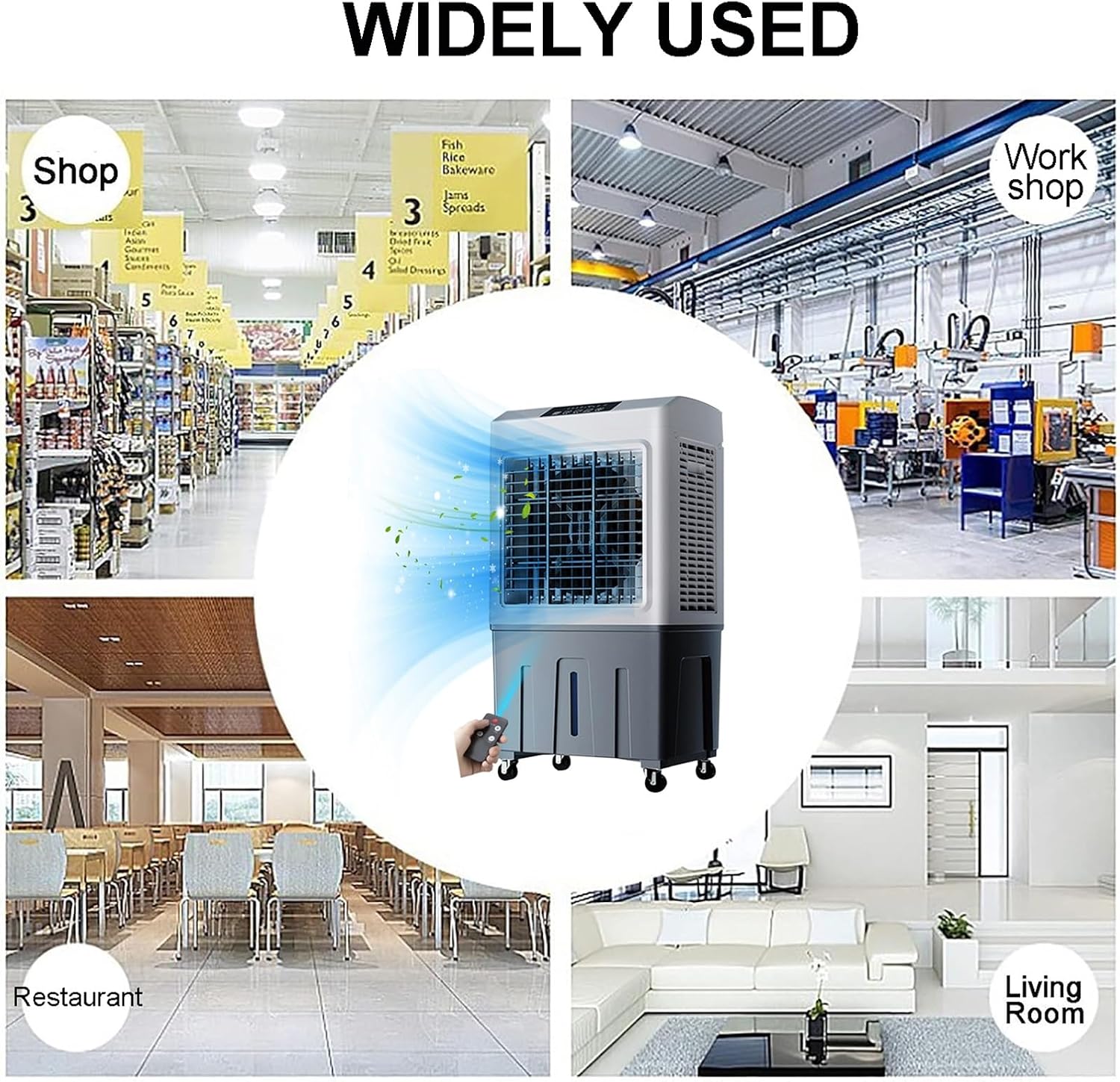  Refroidisseur D'air Industriel Par évaporation Avec 4 Roues Universelles, Réservoir D'eau De 60 L, Oscillation à 120 °, 3 Vitesses, Refroidissement Jusqu'à 90 M²