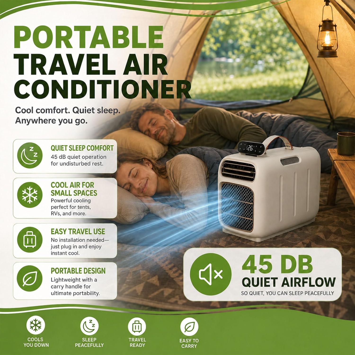  Compact 4700 BTU Portable AC, 450W Mobile Cooler Pour RVs & Tentes, Ventilateur Déshumidificateur 45dB Silencieux Avec Télécommande, Conception Auto-évaporatrice Pour Petits Espaces