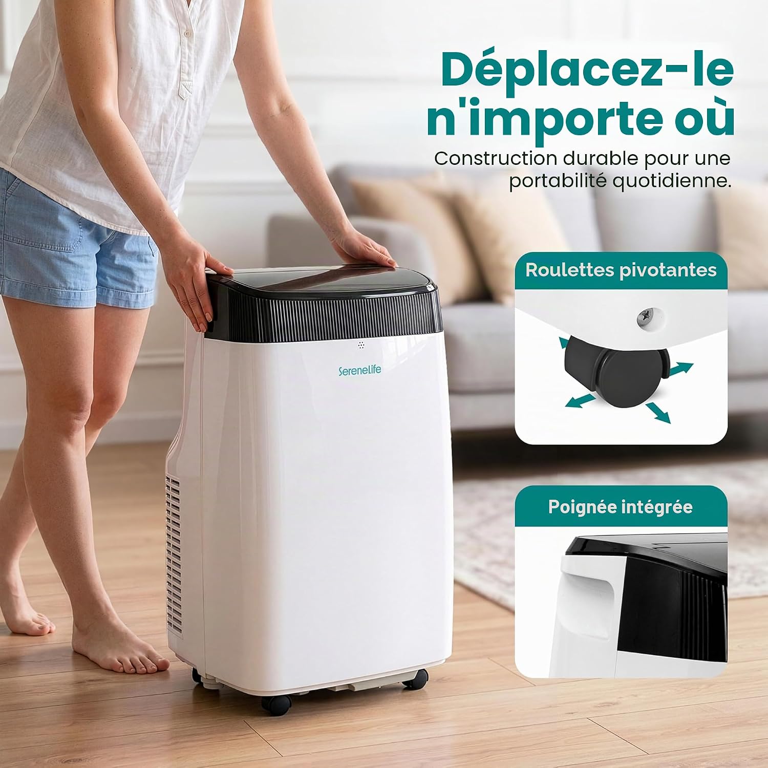  SereneLife Climatiseur Mobile Silencieux,9000 BTU,Climatiseur Portable 3-en-1 Avec Fonction Déshumidificateur Intégré,Mode Ventilateur,Télécommande,Kit D'Évacuation Complet Montable Sur Fenêtre,Blanc