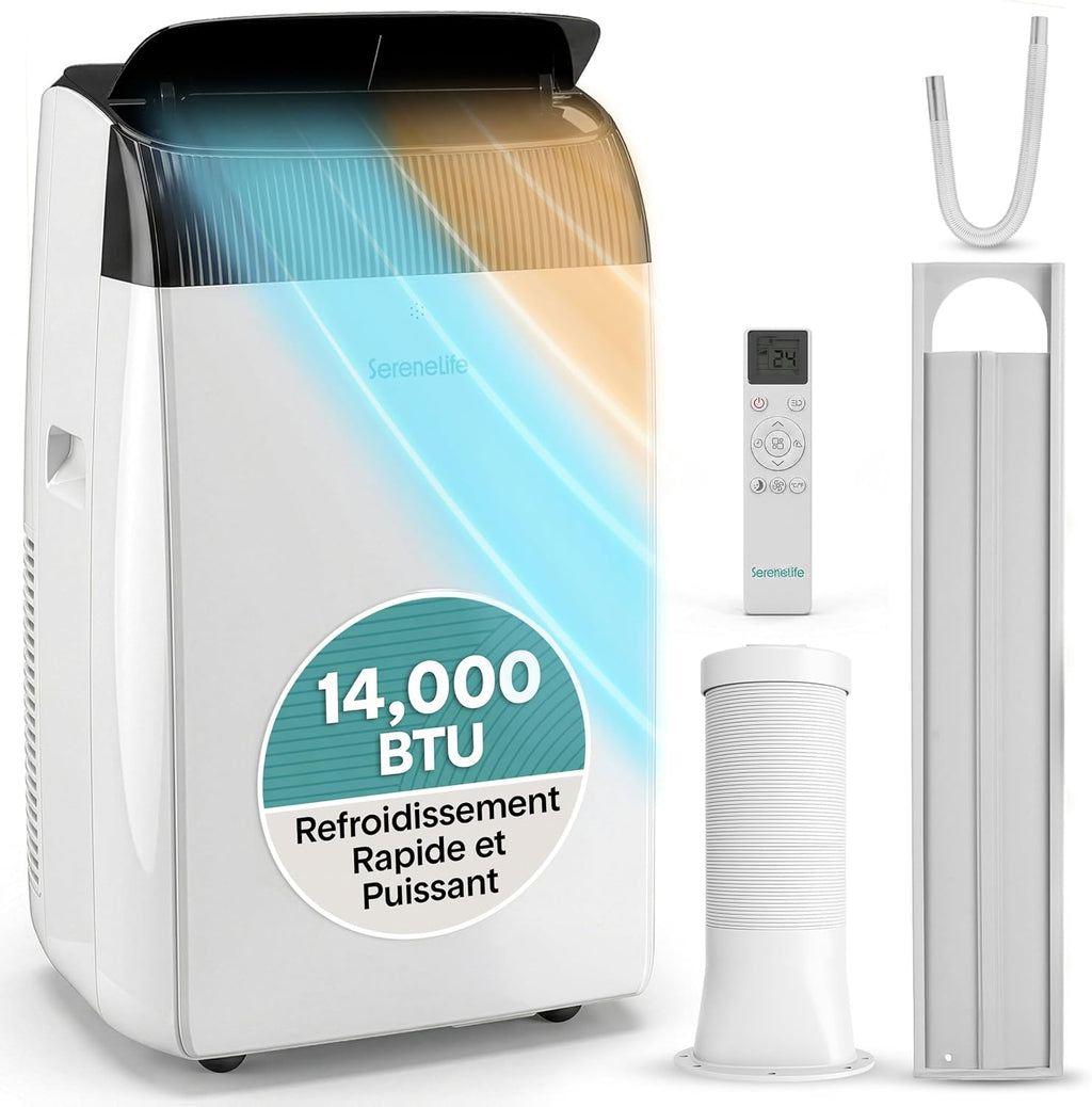  SereneLife Climatiseur Mobile Silencieux,9000 BTU,Climatiseur Portable 3-en-1 Avec Fonction Déshumidificateur Intégré,Mode Ventilateur,Télécommande,Kit D'Évacuation Complet Montable Sur Fenêtre,Blanc