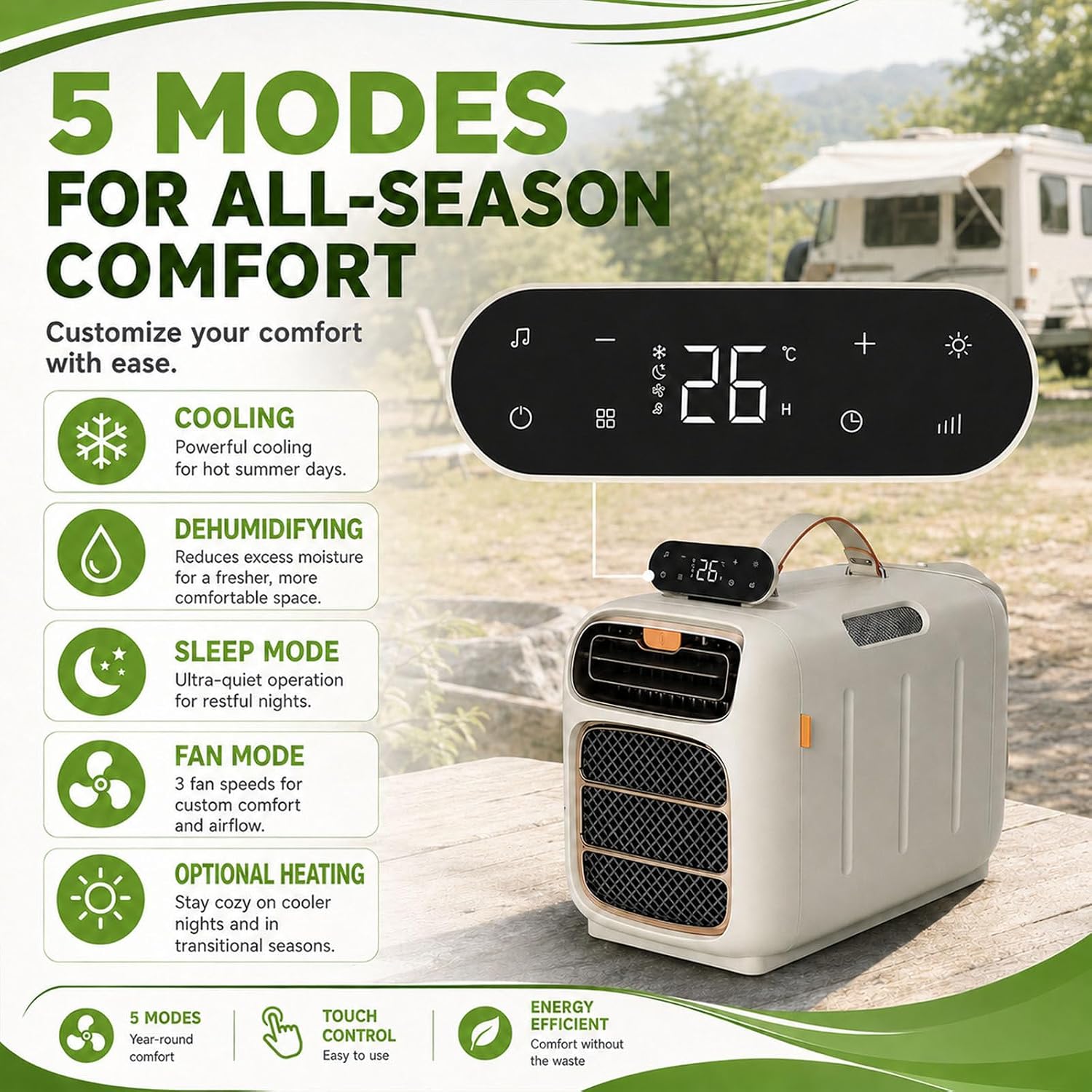  450W Portable AC 4700 BTU Refroidisseur De Tente Silencieux 108 Sq Ft Compact Auto-évaporation RV Camping Climatiseur Unité 45dB Ventilateur De Chauffage Déshumidificateur Pour Remorque Camper Dorm Va